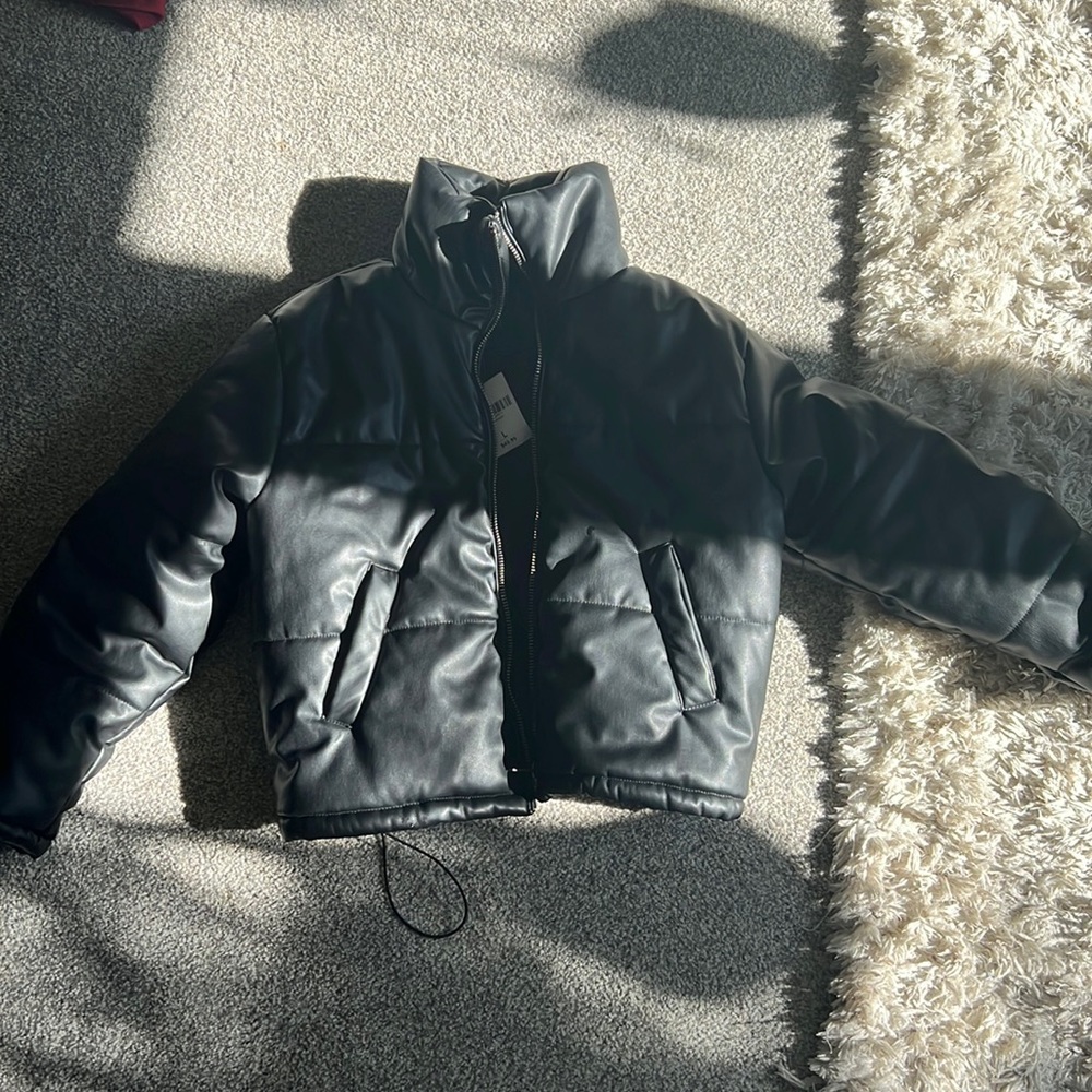 Thick leather black puffer jacket